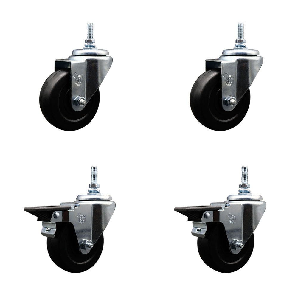 Hard Rubber Swivel Threaded Stem Caster Set of 4 w/3.5" x 1.25" Black Wheels and 3/8" Stems - Includes 2 with Posi Locking Brake - 1140 lbs Total Capacity - Service Caster Brand — photo 1