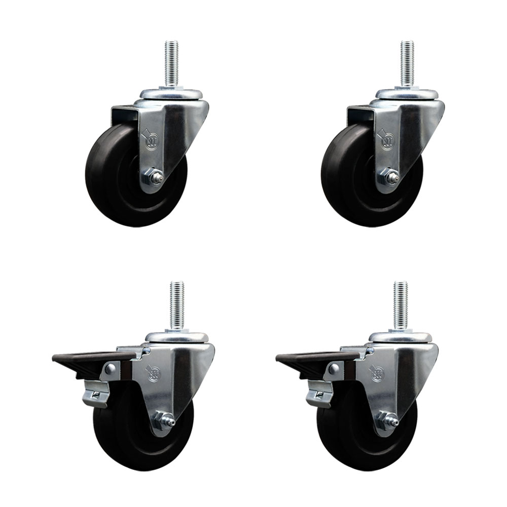 Hard Rubber Swivel Threaded Stem Caster Set of 4 w/3.5" x 1.25" Black Wheels and 5/8" Stems - Includes 2 with Posi Locking Brake - 1140 lbs Total Capacity - Service Caster Brand — photo 1