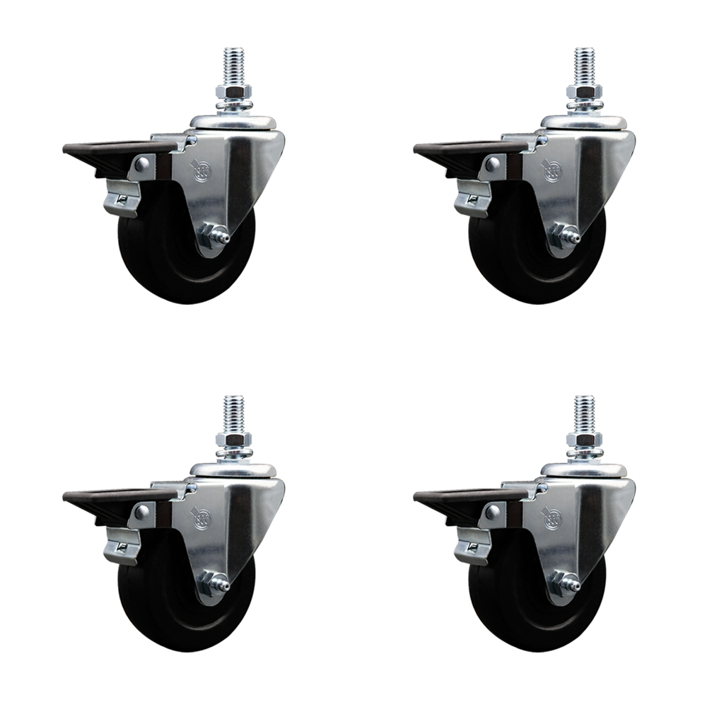 Hard Rubber Swivel Threaded Stem Caster Set of 4 w/3.5" x 1.25" Black Wheels and 1/2" Stems - Includes 4 with posi Lock Brakes - 1,140 lbs Total Capacity - Service Caster Brand — photo 1