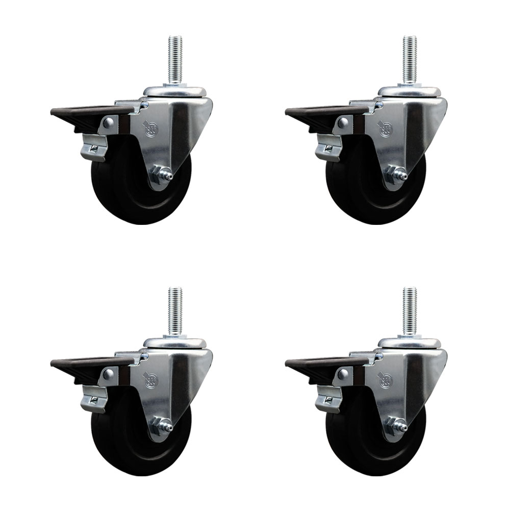 Soft Rubber Swivel Threaded Stem Caster Set of 4 w/3.5" x 1.25" Black Wheels and 3/4" Stems - Includes 4 with Posi Lock Brakes - 800 lbs Total Capacity - Service Caster Brand — photo 1
