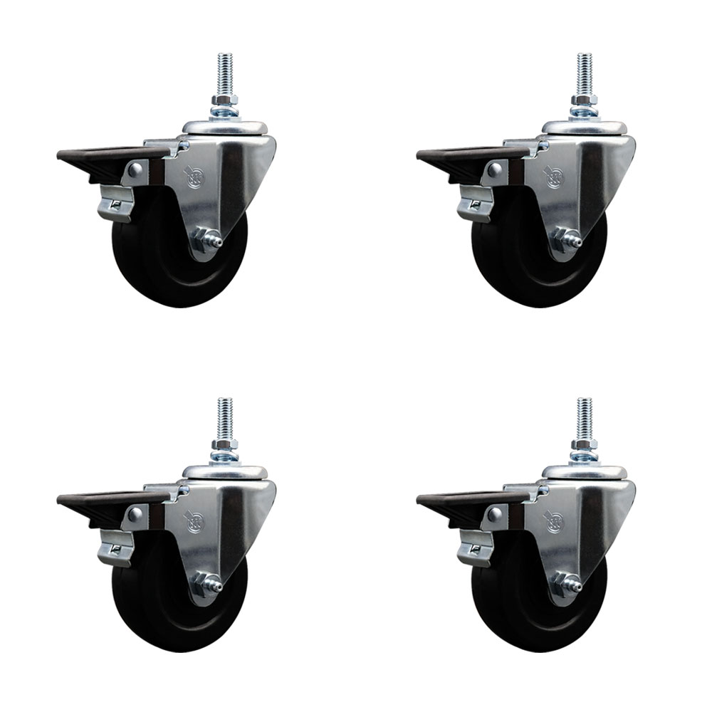 Hard Rubber Swivel Threaded Stem Caster Set of 4 w/3.5" x 1.25" Black Wheels and 3/8" Stems - Includes 4 with Posi Lock Brakes - 1140 lbs Total Capacity - Service Caster Brand — photo 1