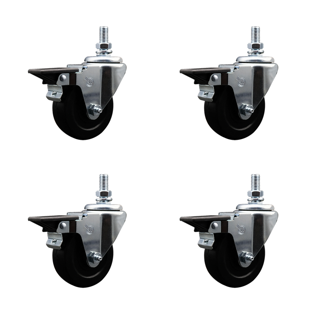 Hard Rubber Swivel Threaded Stem Caster Set of 4 w/3.5" x 1.25" Black Wheels and 10MM Stems - Includes 4 with Posi Lock Brakes - 1140 lbs Total Capacity - Service Caster Brand — photo 1
