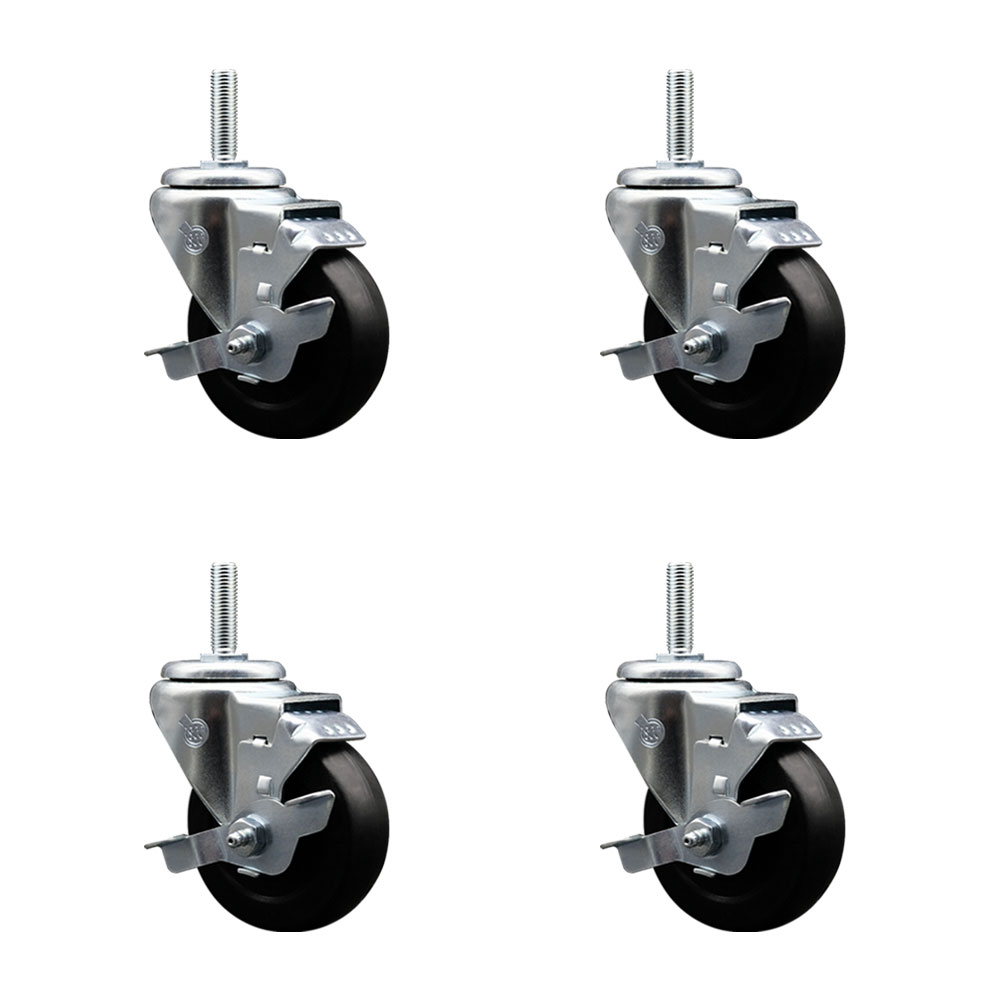 Hard Rubber Swivel Threaded Stem Caster Set of 4 w/3.5" x 1.25" Black Wheels and 5/8" Stems - Includes 4 with Top Lock Brakes - 1140 lbs Total Capacity - Service Caster Brand — photo 1