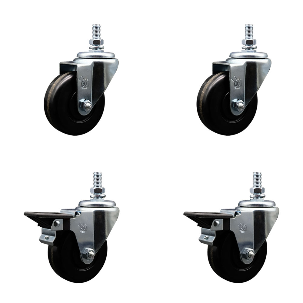 Phenolic Swivel Threaded Stem Caster Set of 4 w3.5" x 1.25" Black Wheels and 1/2" Stems - Includes 2 with Posi Locking Brake - 1200 lbs Total Capacity - Service Caster Brand — photo 1