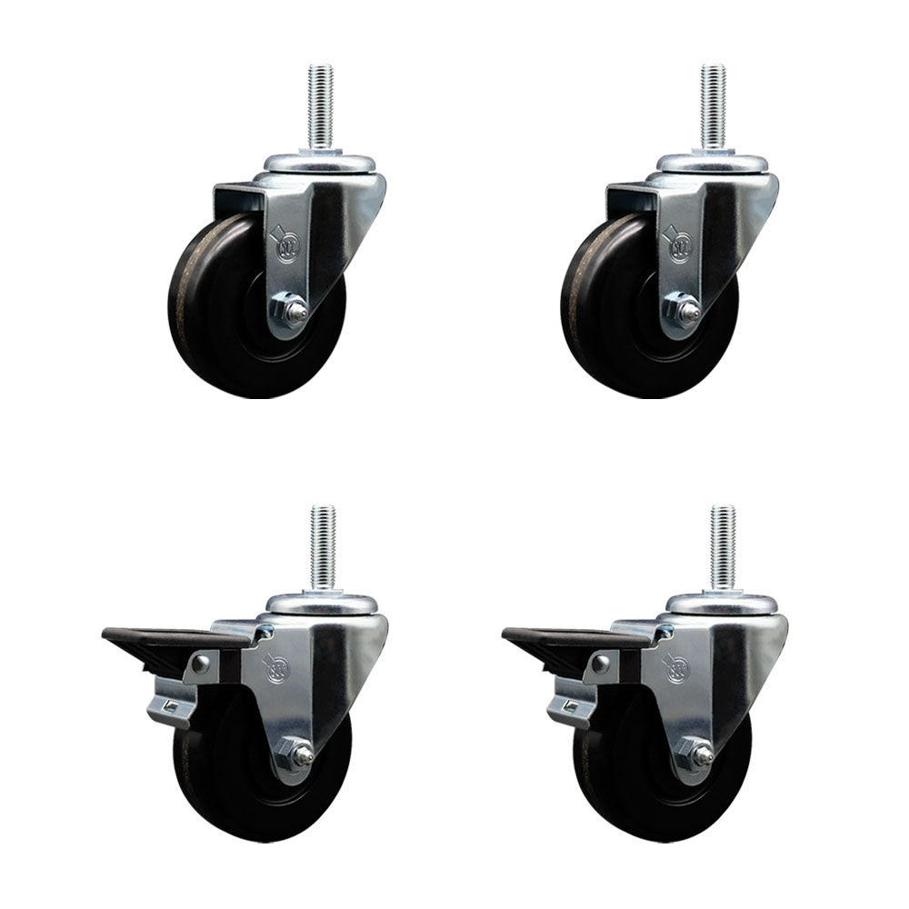 Phenolic Swivel Threaded Stem Caster Set of 4 w/3.5" x 1.25" Black Wheels and 3/4" Stems - Includes 2 with Posi Locking Brake - 1200 lbs Total Capacity - Service Caster Brand — photo 1