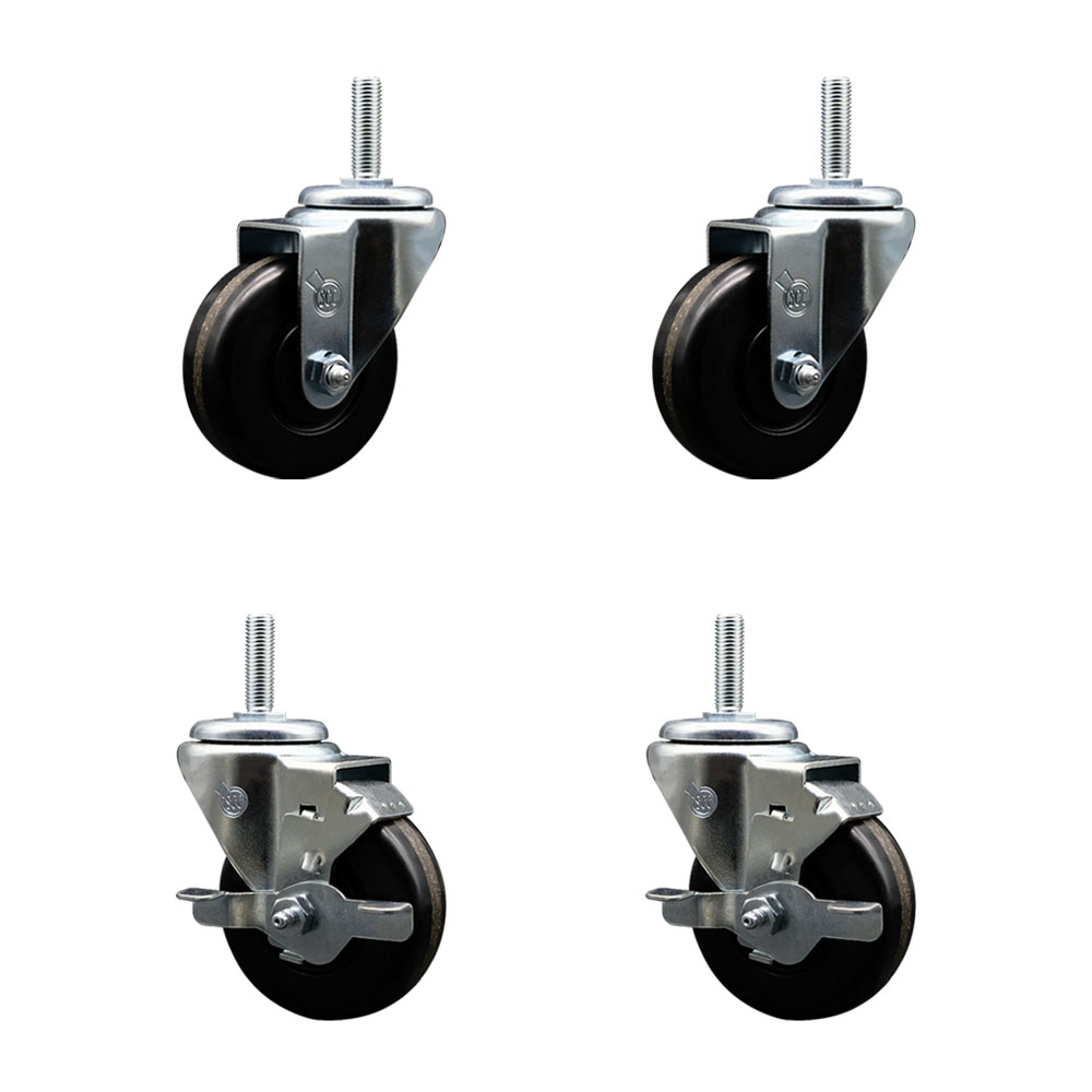 Phenolic Swivel Threaded Stem Caster Set of 4 w/3.5" x 1.25" Black Wheels and 3/4" Stems - Includes 2 with Top Locking Brake - 1200 lbs Total Capacity - Service Caster Brand — photo 1