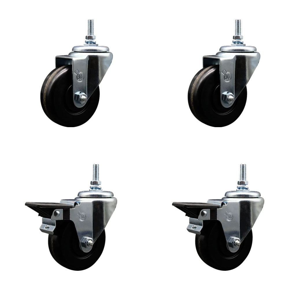 Phenolic Swivel Threaded Stem Caster Set of 4 w/3.5" x 1.25" Black Wheels and 12MM Stems - Includes 2 with Posi Locking Brake - 1200 lbs Total Capacity - Service Caster Brand — photo 1