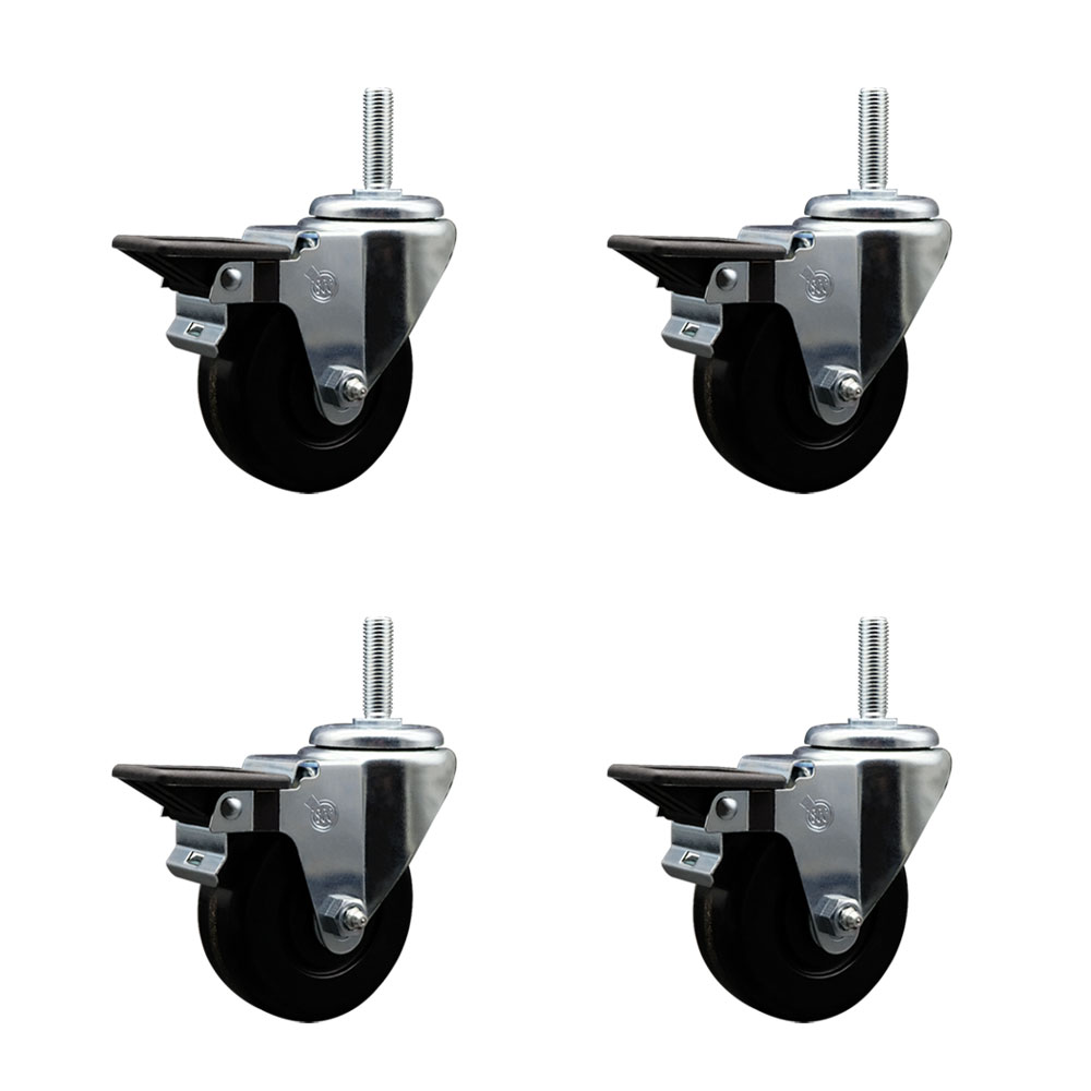 Phenolic Swivel Threaded Stem Caster Set of 4 w/3.5" x 1.25" Black Wheels and 3/4" Stems - Includes 4 with Posi Lock Brakes - 1200 lbs Total Capacity - Service Caster Brand — photo 1