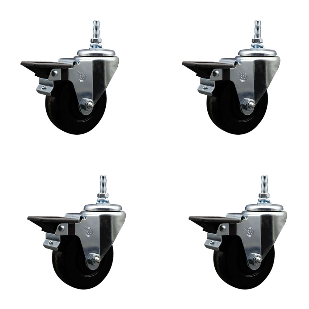 Phenolic Swivel Threaded Stem Caster Set of 4 w/3.5" x 1.25" Black Wheels and 3/8" Stems - Includes 2 with Posi Locking Brake - 1200 lbs Total Capacity - Service Caster Brand — photo 1