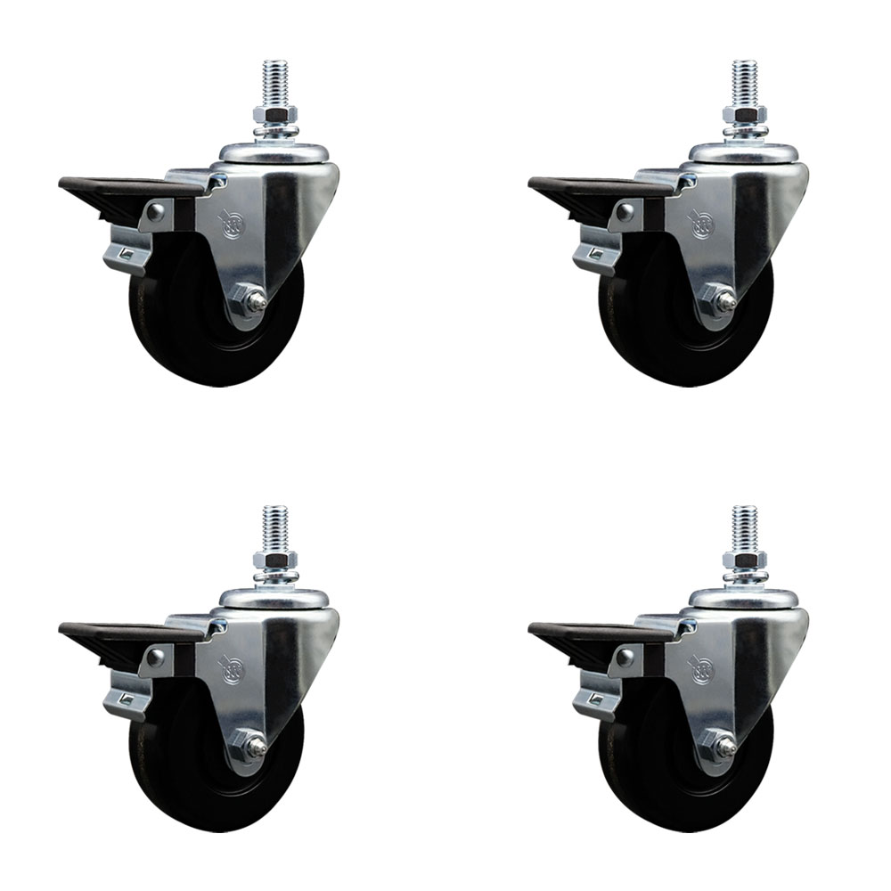Phenolic Swivel Threaded Stem Caster Set of 4 w/3.5" x 1.25" Black Wheels and 10MM Stems - Includes 4 with Posi Lock Brakes - 1200 lbs Total Capacity - Service Caster Brand — photo 1