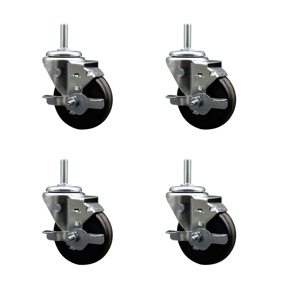 Phenolic Swivel Threaded Stem Caster Set of 4 w/3.5" x 1.25" Black Wheels and 5/8" Stems - Includes 4 with Top Lock Brakes - 1200 lbs Total Capacity - Service Caster Brand — photo 1