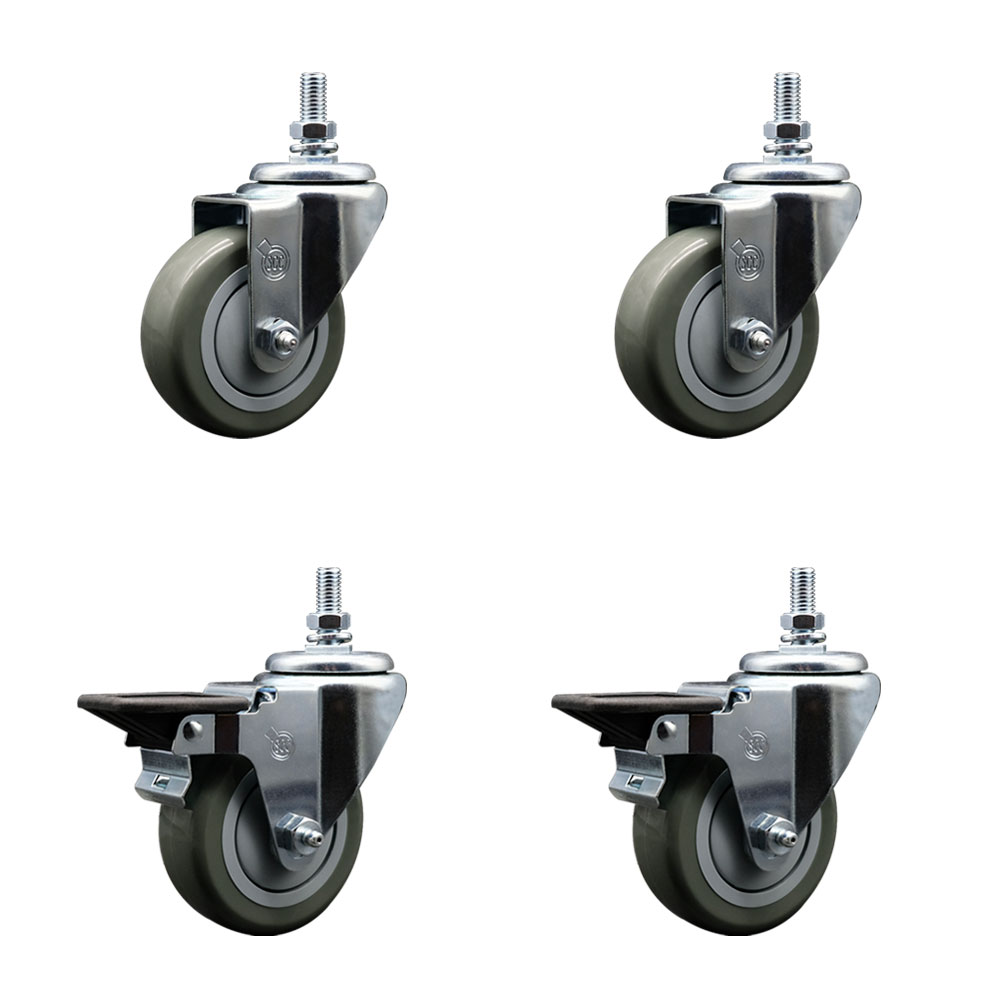 Polyurethane Swivel Threaded Stem Caster Set of 4 w/3.5" x 1.25" Gray Wheels and 1/2" Stems - Includes 2 with Posi Locking Brake - 1,200 lbs Total Capacity - Service Caster Brand — photo 1