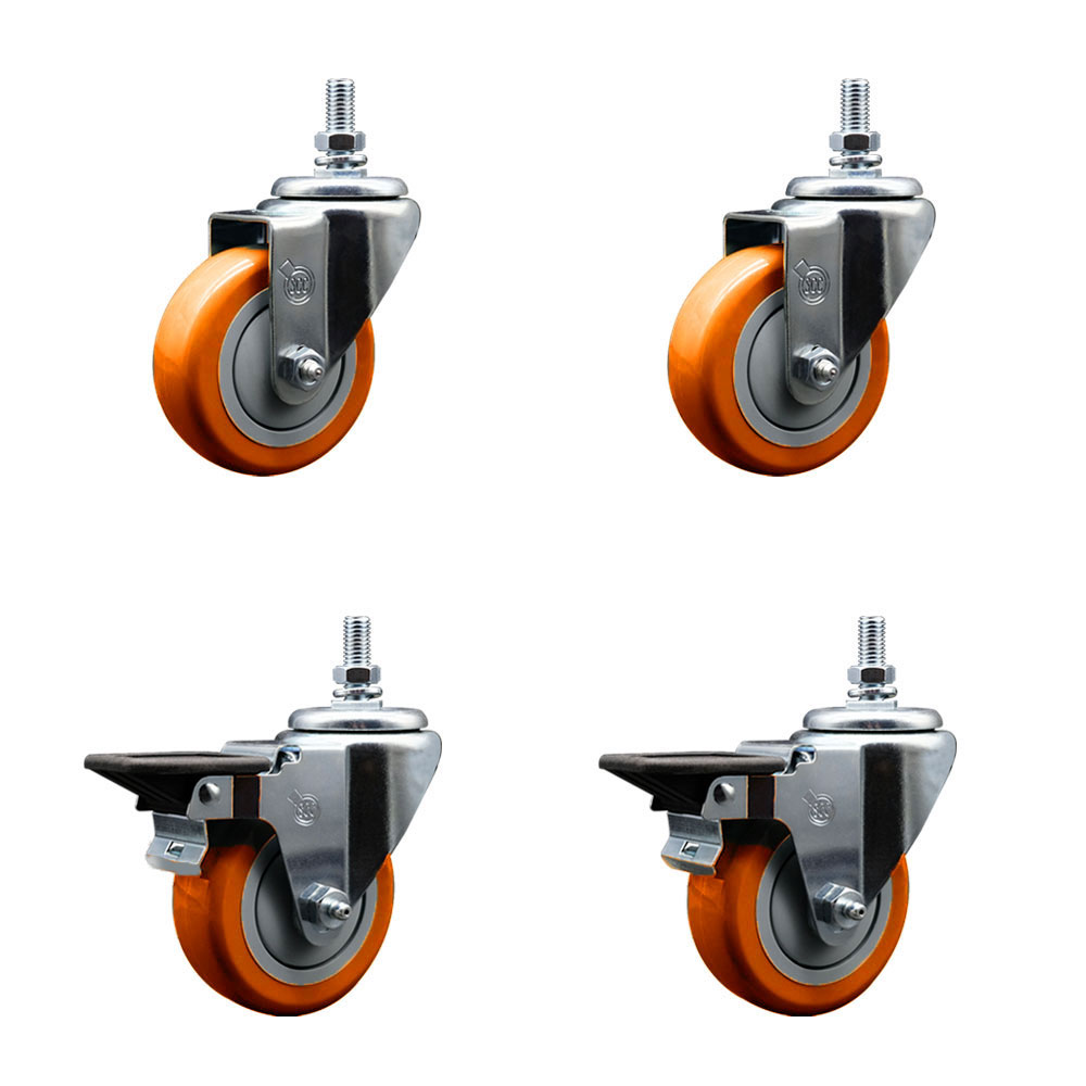 Polyurethane Swivel Threaded Stem Caster Set of 4 w/3.5" x 1.25" Orange Wheels and 1/2" Stems - Includes 2 with Posi Locking Brake - 1,200 lbs Total Capacity - Service Caster Brand — photo 1