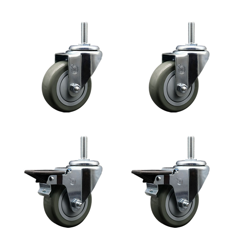 Polyurethane Swivel Threaded Stem Caster Set of 4 w/3.5" x 1.25" Gray Wheels and 3/4" Stems - Includes 2 with Posi Locking Brake - 1,200 lbs Total Capacity - Service Caster Brand — photo 1