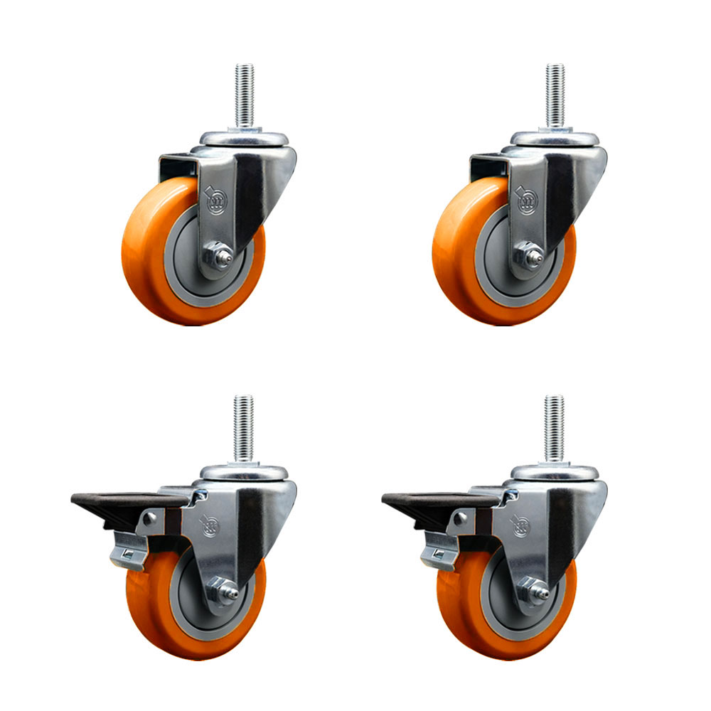 Polyurethane Swivel Threaded Stem Caster Set of 4 w/3.5" x 1.25" Orange Wheels and 3/4" Stems - Includes 2 with Posi Locking Brake - 1,200 lbs Total Capacity - Service Caster Brand — photo 1