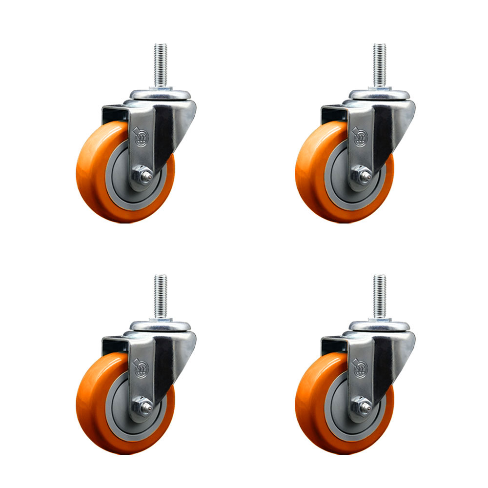 Polyurethane Swivel Threaded Stem Caster Set of 4 w/3.5" x 1.25" Orange Wheels and 3/4" Stems - Includes 4 Swivel - 1,200 lbs Total Capacity - Service Caster Brand — photo 1