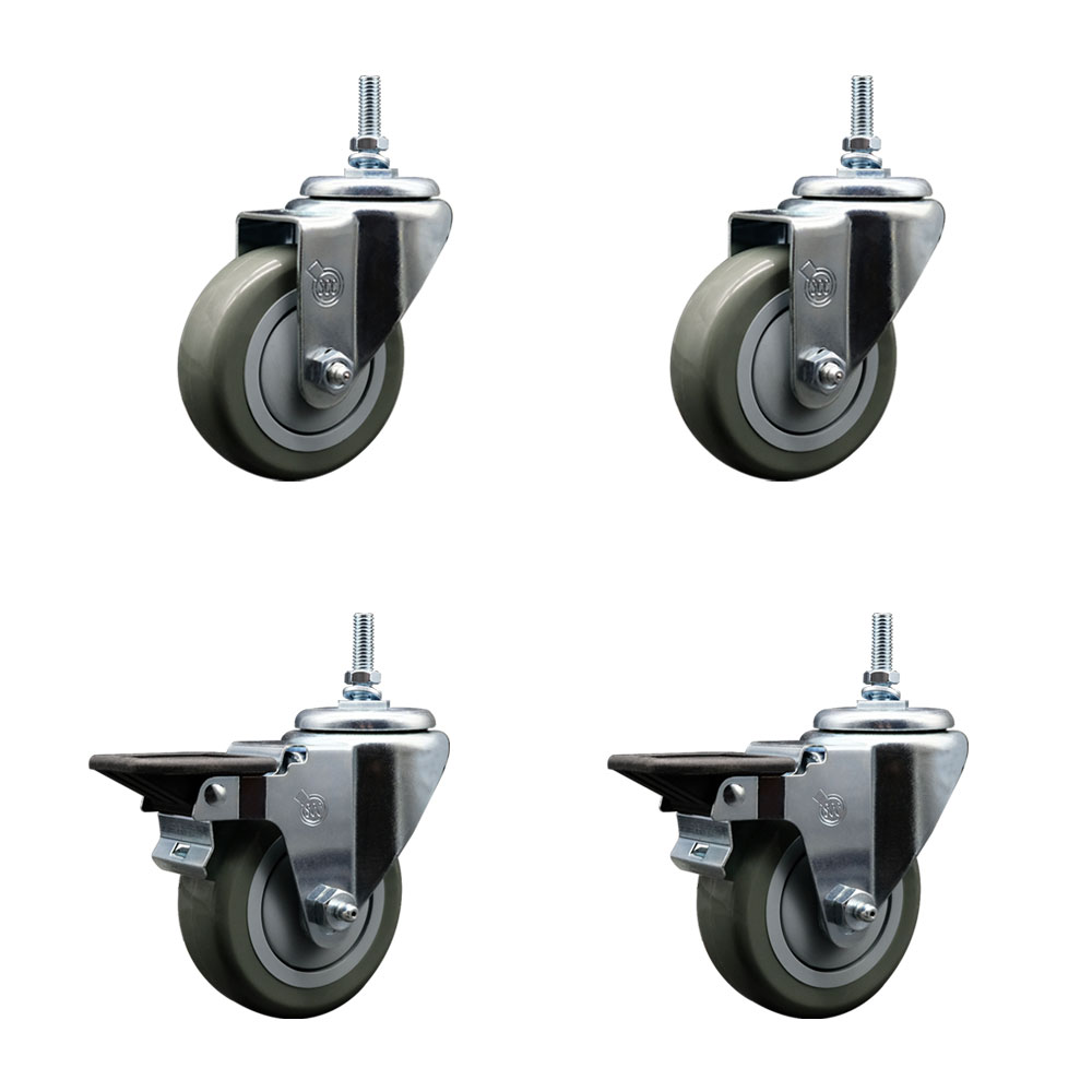 Polyurethane Swivel Threaded Stem Caster Set of 4 w/3.5" x 1.25" Gray Wheels and 3/8" Stems - Includes 2 with Posi Locking Brake - 1,200 lbs Total Capacity - Service Caster Brand — photo 1