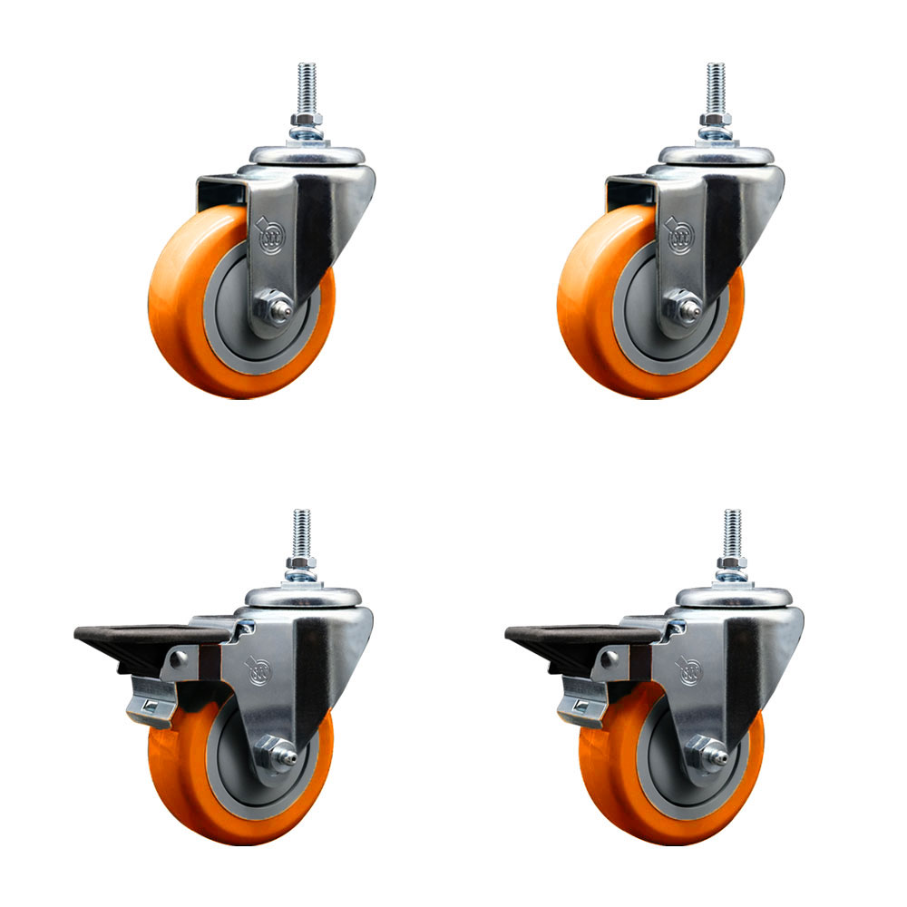 Polyurethane Swivel Threaded Stem Caster Set of 4 w/3.5" x 1.25" Orange Wheels and 3/8" Stems - Includes 2 with Posi Locking Brake - 1,200 lbs Total Capacity - Service Caster Brand — photo 1