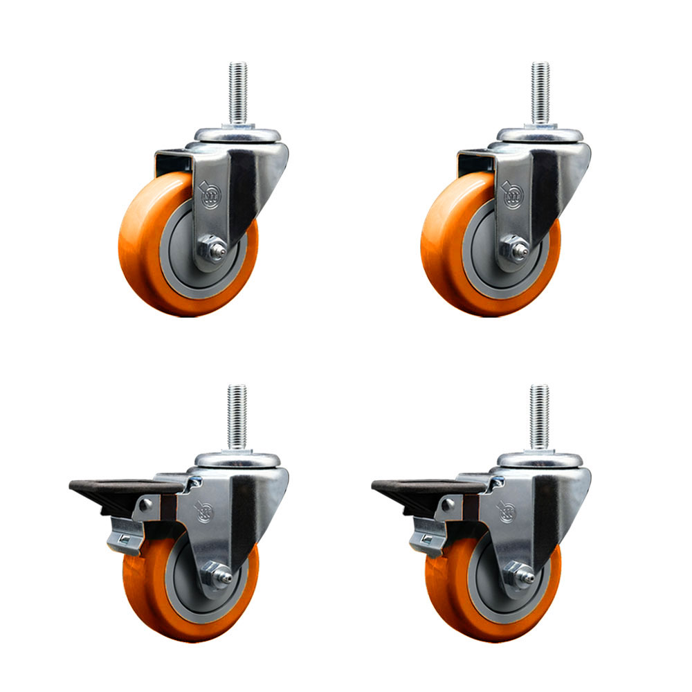 Polyurethane Swivel Threaded Stem Caster Set of 4 w/3.5" x 1.25" Orange Wheels and 5/8" Stems - Includes 2 with Posi Locking Brake - 1,200 lbs Total Capacity - Service Caster Brand — photo 1