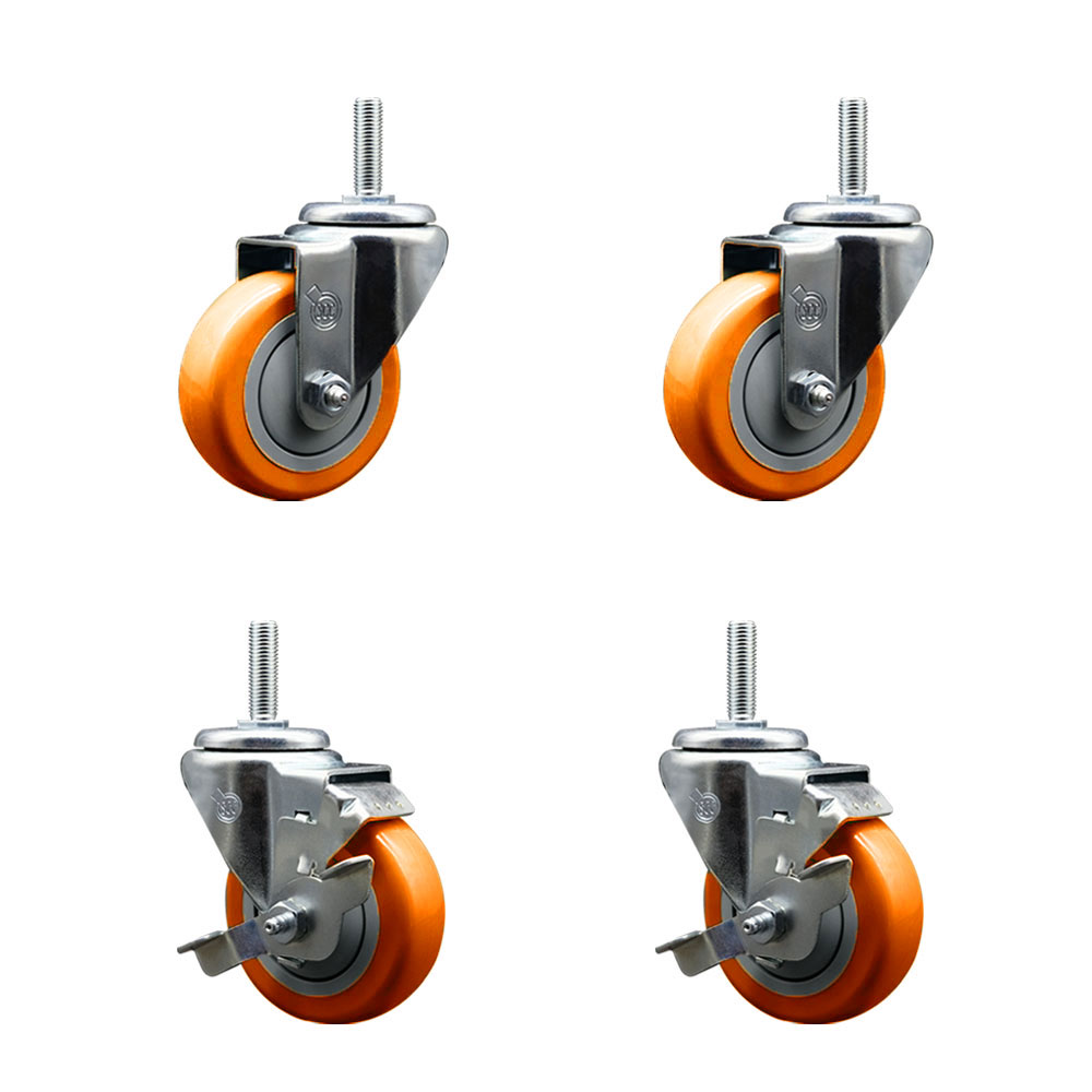 Polyurethane Swivel Threaded Stem Caster Set of 4 w/3.5" x 1.25" Orange Wheels and 5/8" Stems - Includes 2 with Top Locking Brake - 1,200 lbs Total Capacity - Service Caster Brand — photo 1