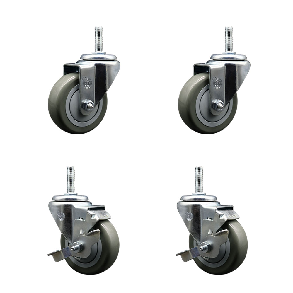 Polyurethane Swivel Threaded Stem Caster Set of 4 w/3.5" x 1.25" Gray Wheels and 3/4" Stems - Includes 2 with Top Locking Brake - 1,200 lbs Total Capacity - Service Caster Brand — photo 1