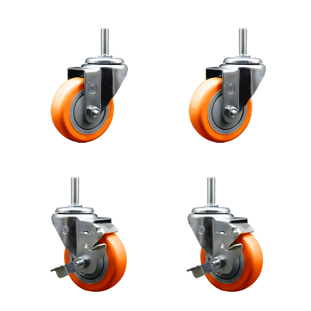 Polyurethane Swivel Threaded Stem Caster Set of 4 w/3.5" x 1.25" Orange Wheels and 3/4" Stems - Includes 2 with Top Locking Brake - 1,200 lbs Total Capacity - Service Caster Brand — photo 1