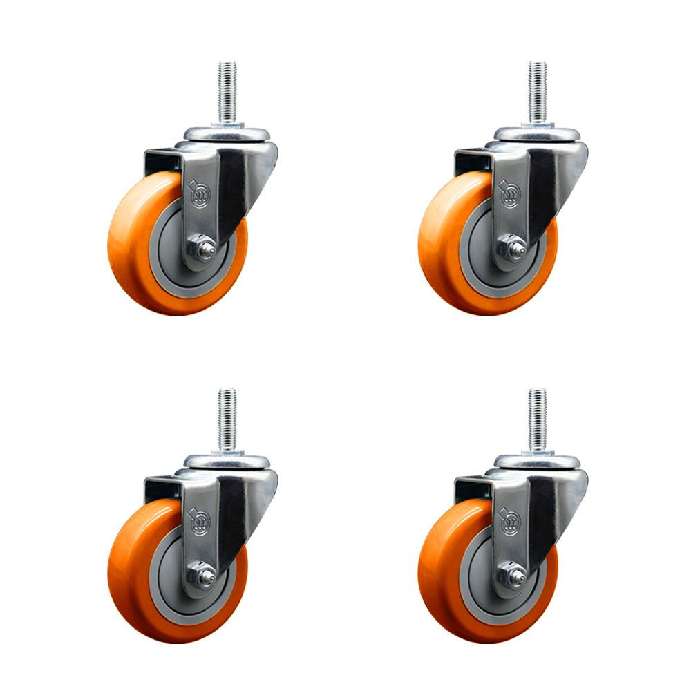 Polyurethane Swivel Threaded Stem Caster Set of 4 w/3.5" x 1.25" Orange Wheels and 5/8" Stems - Includes 4 Swivel - 1,200 lbs Total Capacity - Service Caster Brand — photo 1