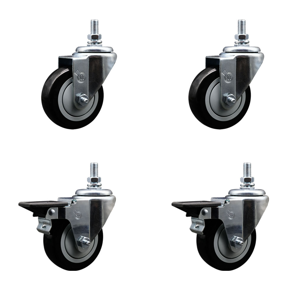 Polyurethane Swivel Threaded Stem Caster Set of 4 w/3.5" x 1.25" Black Wheels and 1/2" Stems - Includes 2 with Posi Locking Brake - 1,200 lbs Total Capacity - Service Caster Brand — photo 1