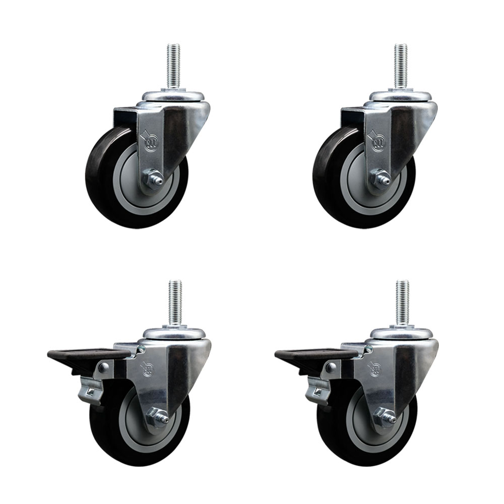 Polyurethane Swivel Threaded Stem Caster Set of 4 w/3.5" x 1.25" Black Wheels and 3/4" Stems - Includes 2 with Posi Locking Brake - 1,200 lbs Total Capacity - Service Caster Brand — photo 1