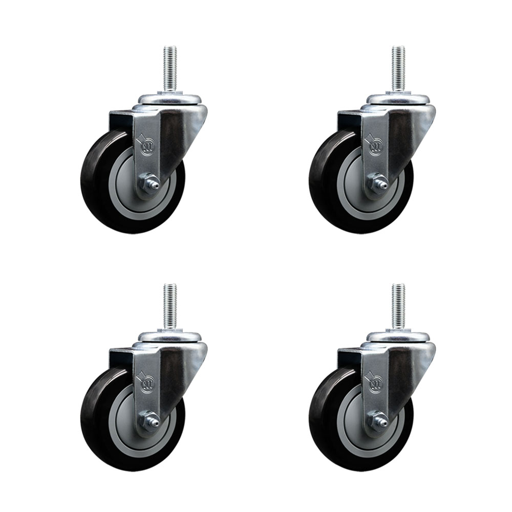 Polyurethane Swivel Threaded Stem Caster Set of 4 w/3.5" x 1.25" Black Wheels and 3/4" Stems - Includes 4 Swivel - 1,200 lbs Total Capacity - Service Caster Brand — photo 1