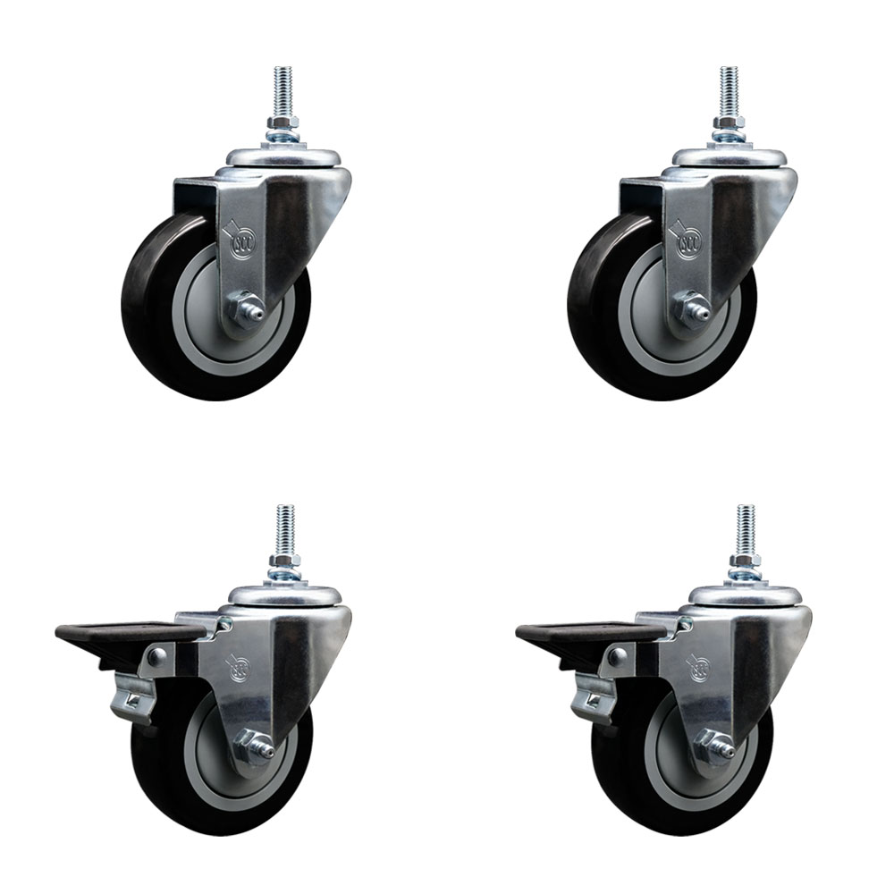 Polyurethane Swivel Threaded Stem Caster Set of 4 w/3.5" x 1.25" Black Wheels and 3/8" Stems - Includes 2 with Posi Locking Brake - 1,200 lbs Total Capacity - Service Caster Brand — photo 1