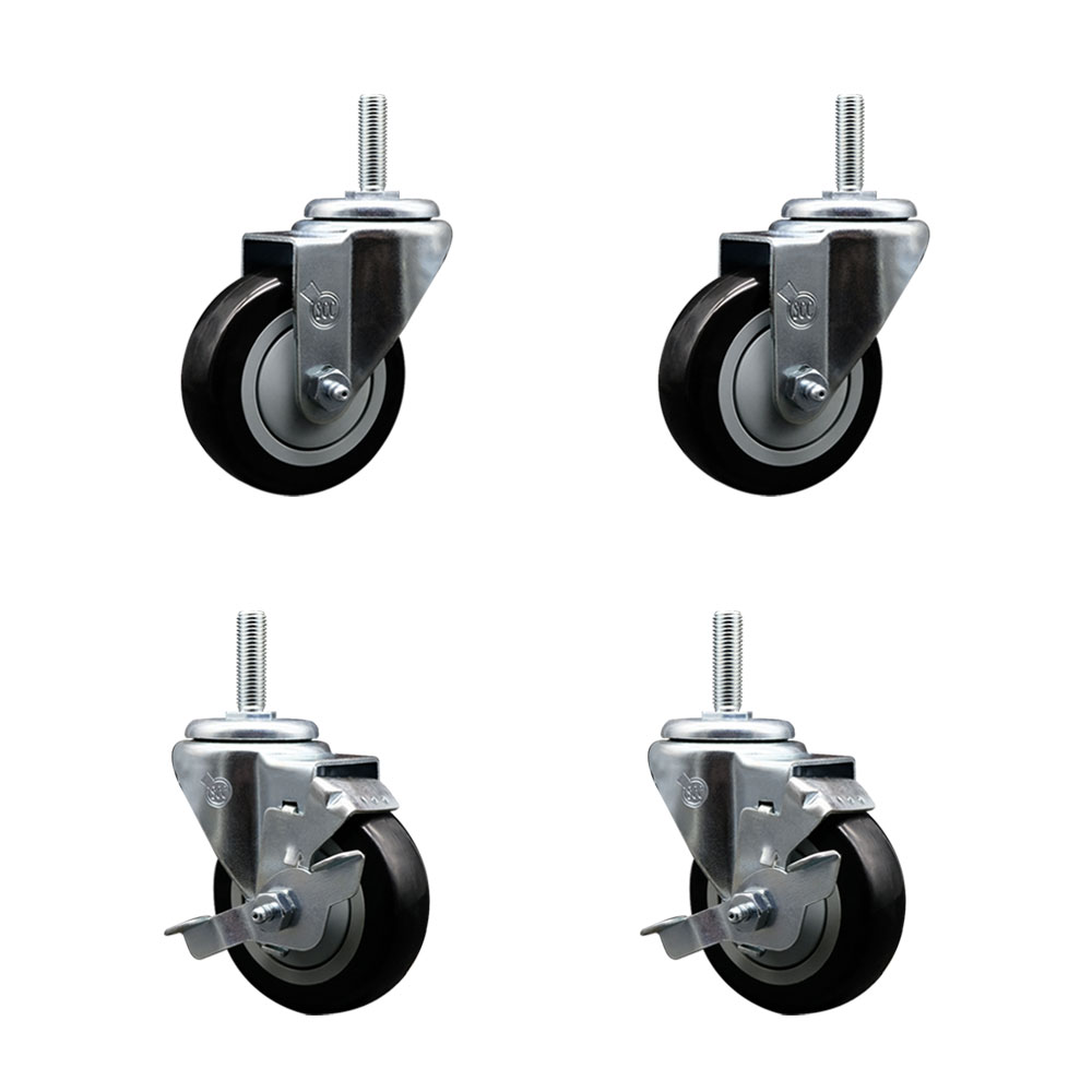 Polyurethane Swivel Threaded Stem Caster Set of 4 w/3.5" x 1.25" Black Wheels and 3/4" Stems - Includes 2 with Top Locking Brake - 1,200 lbs Total Capacity - Service Caster Brand — photo 1