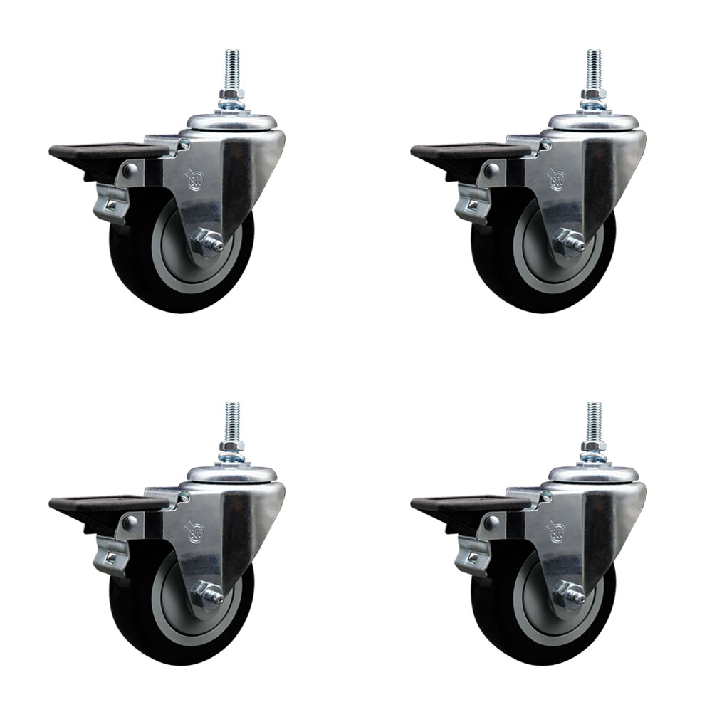 Polyurethane Swivel Threaded Stem Caster Set of 4 w/5" x 1.25" Black Wheels and 3/8" Stems - Includes 4 with Posi Lock Brakes - 1400 lbs Total Capacity - Service Caster Brand — photo 1