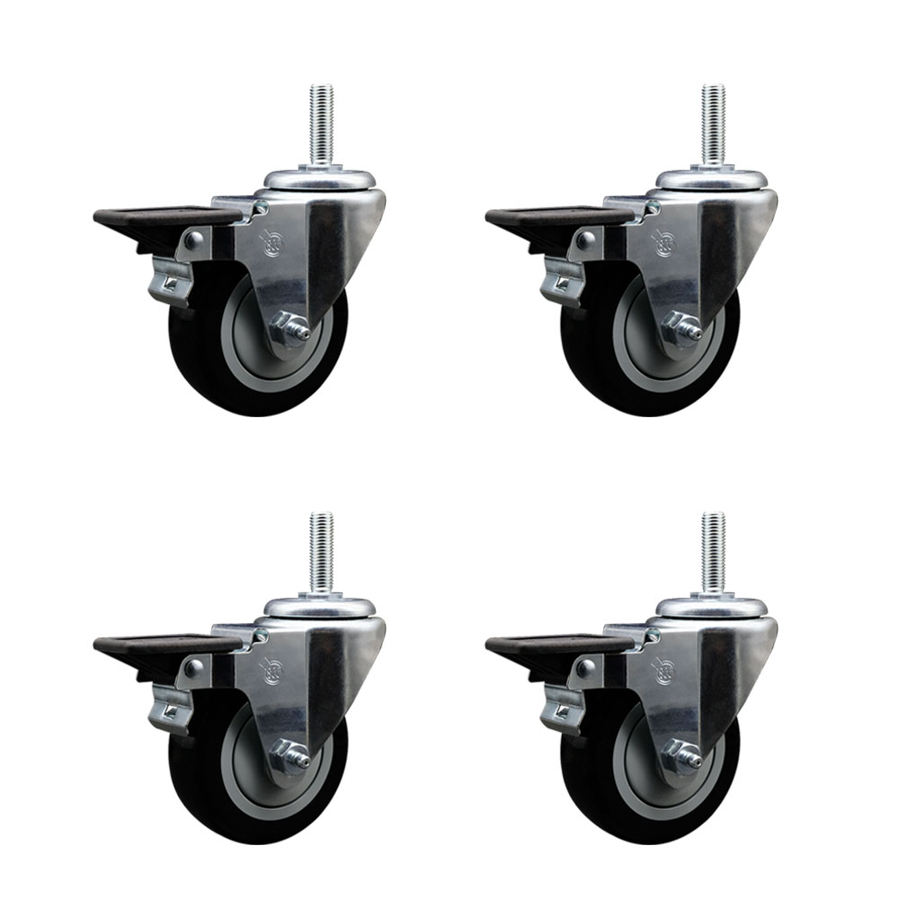 Polyurethane Swivel Threaded Stem Caster Set of 4 w/3.5" x 1.25" Black Wheels and 5/8" Stems - Includes 4 with Posi Lock Brakes - 1,200 lbs Total Capacity - Service Caster Brand — photo 1