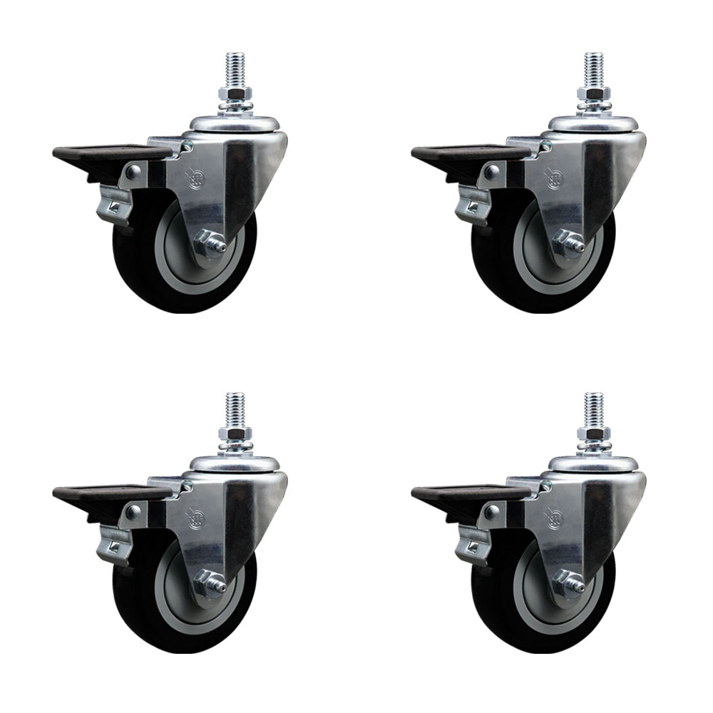 Polyurethane Swivel Threaded Stem Caster Set of 4 w/3.5" x 1.25" Black Wheels and 10MM Stems - Includes 4 with Posi Lock Brakes - 1,200 lbs Total Capacity - Service Caster Brand — photo 1