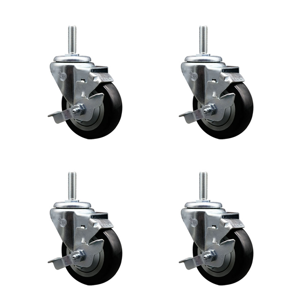 Polyurethane Swivel Threaded Stem Caster Set of 4 w/3.5" x 1.25" Black Wheels and 5/8" Stems - Includes 4 with Top Lock Brakes - 1,200 lbs Total Capacity - Service Caster Brand — photo 1