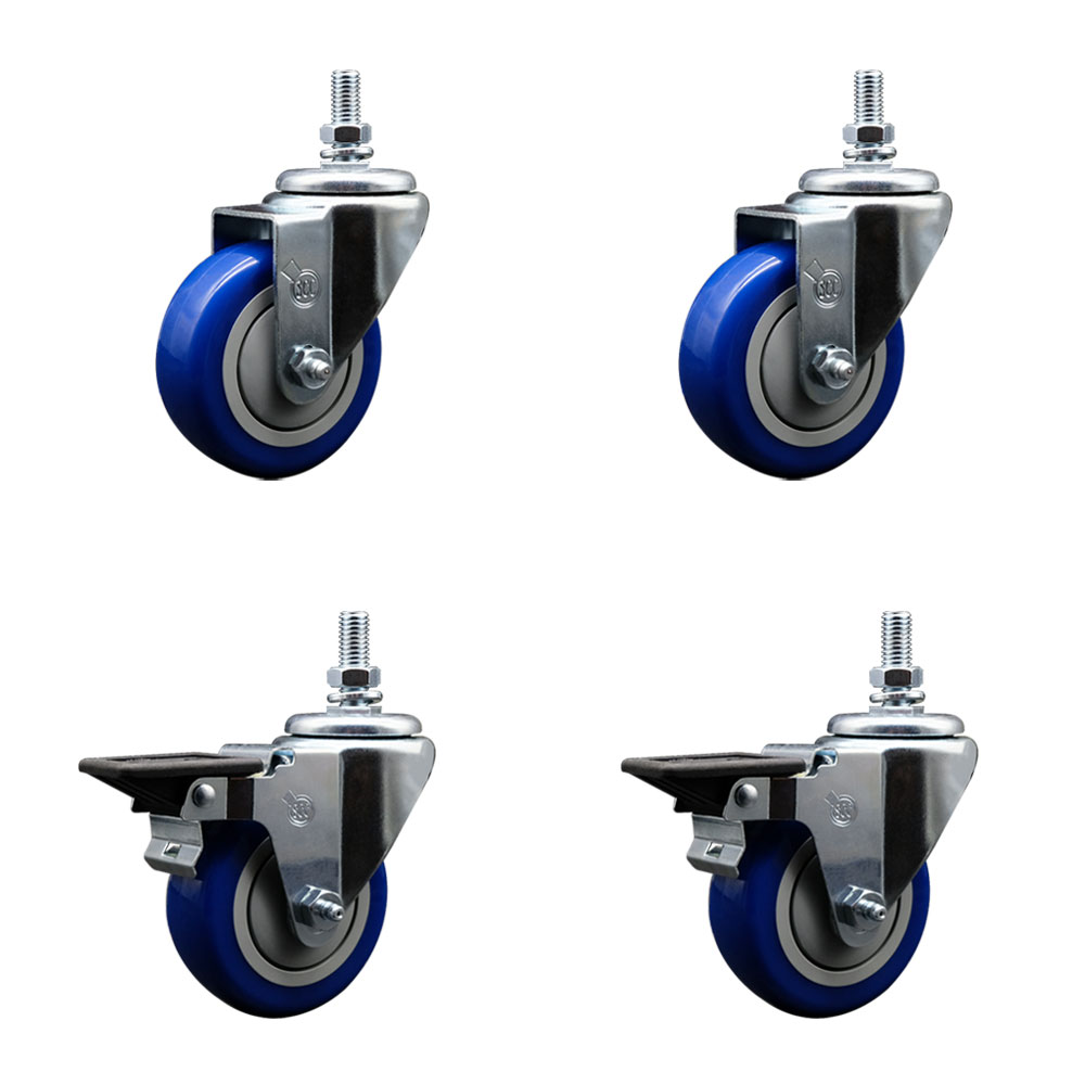 Polyurethane Swivel Threaded Stem Caster Set of 4 w/3.5" x 1.25" Blue Wheels and 1/2" Stems - Includes 2 with Posi Locking Brake - 1,200 lbs Total Capacity - Service Caster Brand — photo 1