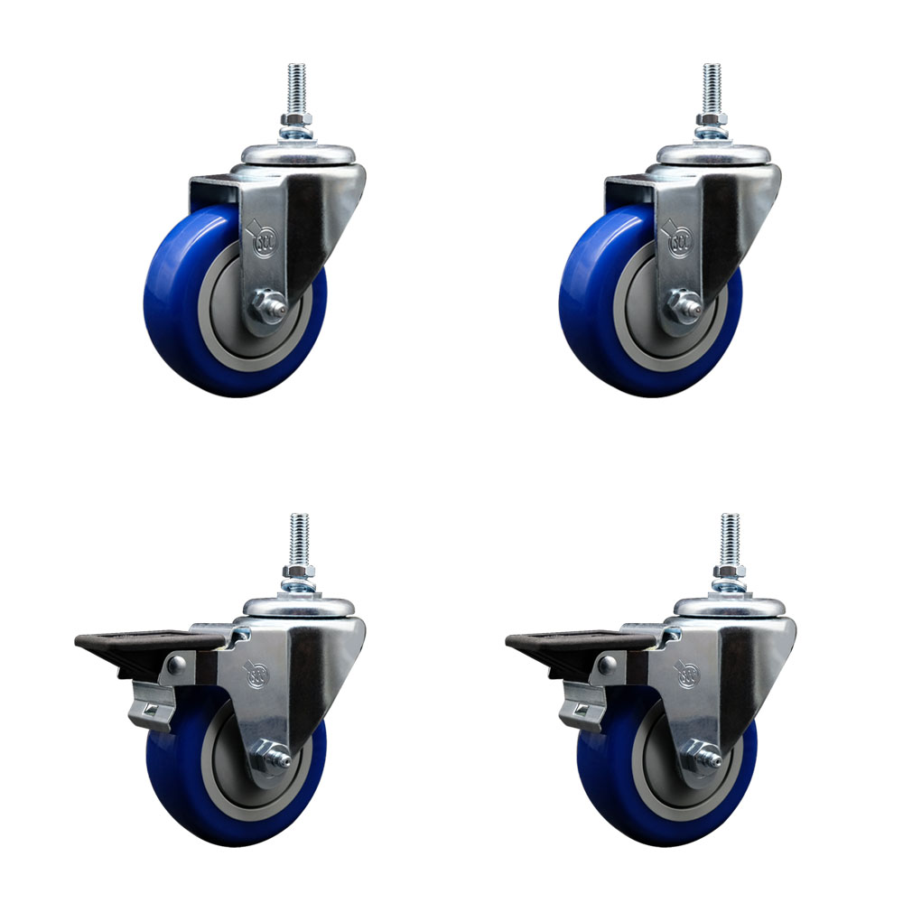 Polyurethane Swivel Threaded Stem Caster Set of 4 w/3.5" x 1.25" Blue Wheels and 3/8" Stems - Includes 2 with Posi Locking Brake - 1,200 lbs Total Capacity - Service Caster Brand — photo 1