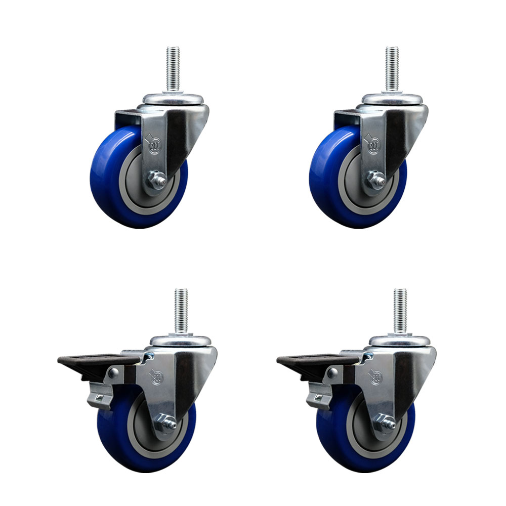 Polyurethane Swivel Threaded Stem Caster Set of 4 w/3.5" x 1.25" Blue Wheels and 5/8" Stems - Includes 2 with Posi Locking Brake - 1,200 lbs Total Capacity - Service Caster Brand — photo 1