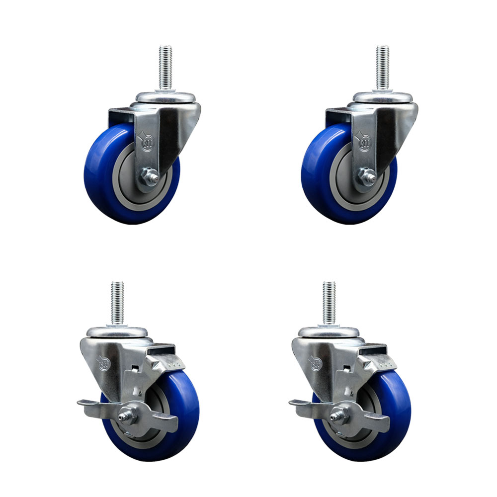 Polyurethane Swivel Threaded Stem Caster Set of 4 w/3.5" x 1.25" Blue Wheels and 5/8" Stems - Includes 2 with Top Locking Brake - 1,200 lbs Total Capacity - Service Caster Brand — photo 1