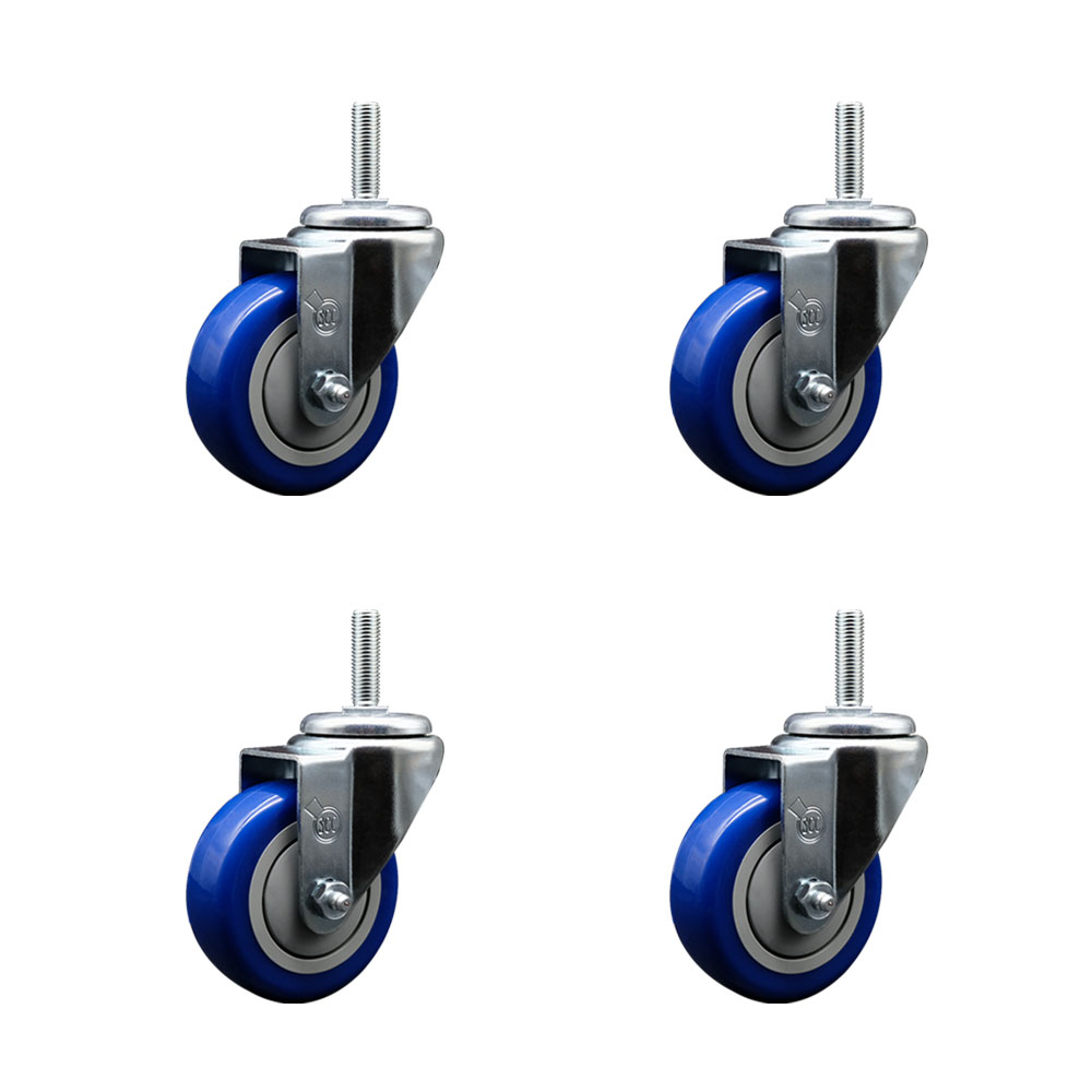 Polyurethane Swivel Threaded Stem Caster Set of 4 w/3.5" x 1.25" Blue Wheels and 5/8" Stems - Includes 4 Swivel - 1,200 lbs Total Capacity - Service Caster Brand — photo 1
