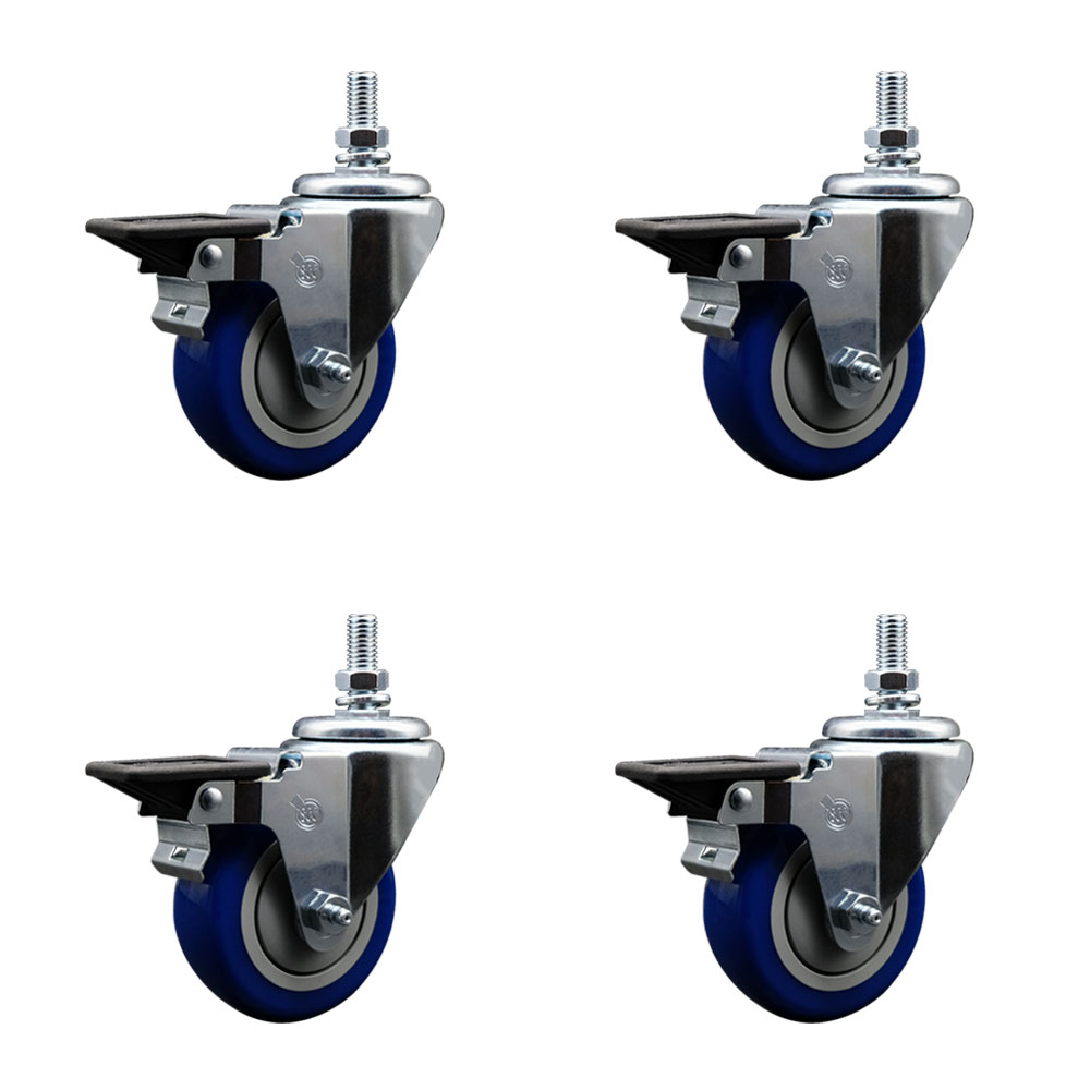 Polyurethane Swivel Threaded Stem Caster Set of 4 w/3.5" x 1.25" Blue Wheels and 1/2" Stems - Includes 4 with Posi Lock Brakes - 1,200 lbs Total Capacity - Service Caster Brand — photo 1