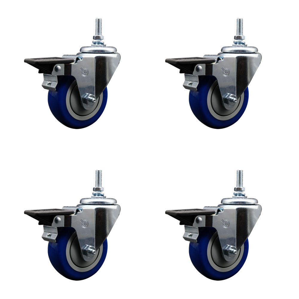 Polyurethane Swivel Threaded Stem Caster Set of 4 w/3.5" x 1.25" Blue Wheels and 3/8" Stems - Includes 4 with Posi Lock Brakes - 1,200 lbs Total Capacity - Service Caster Brand — photo 1