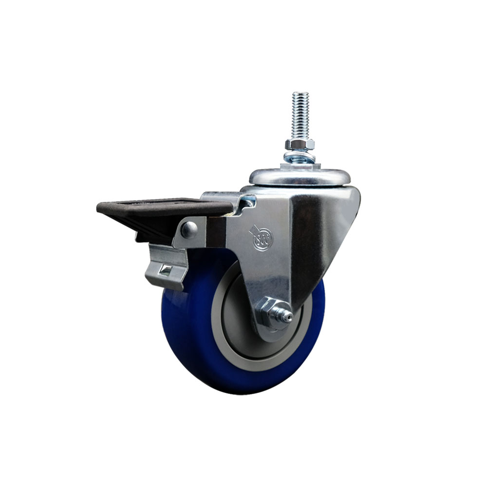 Polyurethane Swivel Threaded Stem Caster w/3.5" x 1.25" Blue Wheel and 3/8" Stem & Posi Locking Brake - 300 lbs Capacity/Caster - Service Caster Brand — photo 1