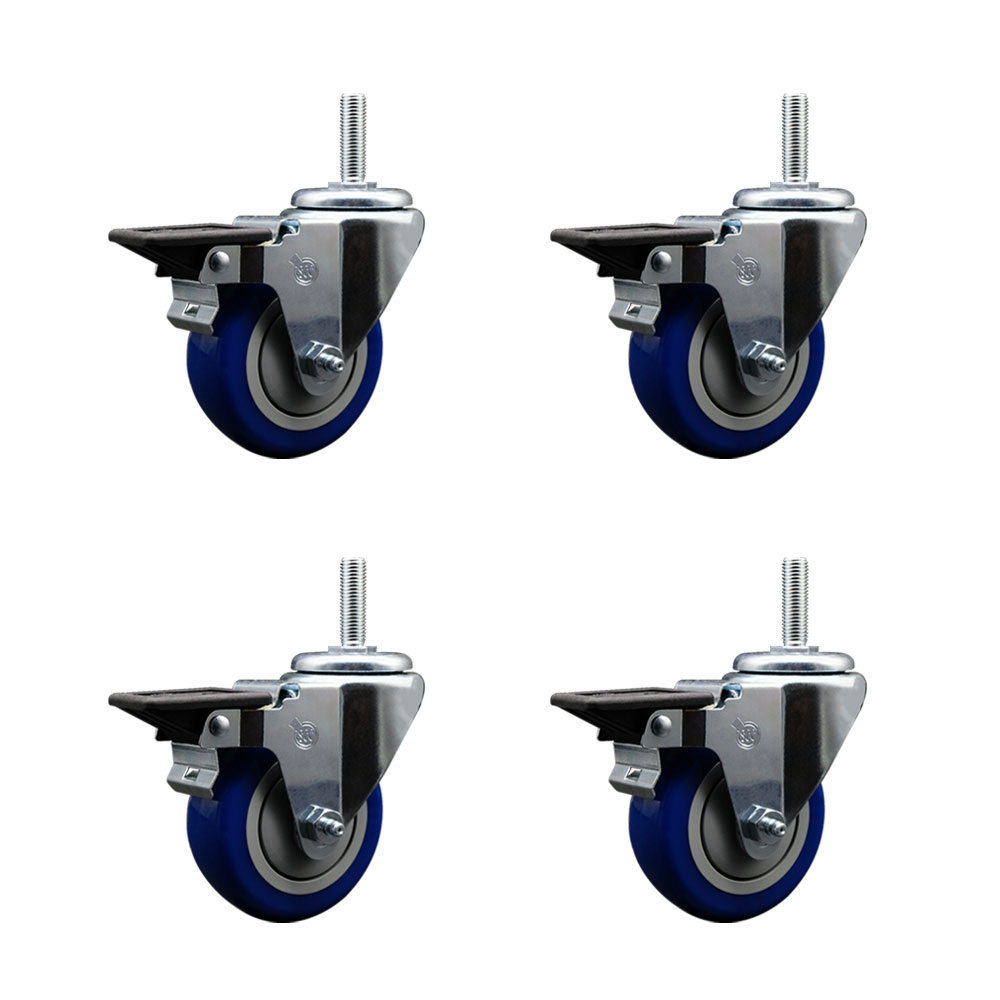 Polyurethane Swivel Threaded Stem Caster Set of 4 w/3.5" x 1.25" Blue Wheels and 5/8" Stems - Includes 4 with Posi Lock Brakes - 1,200 lbs Total Capacity - Service Caster Brand — photo 1