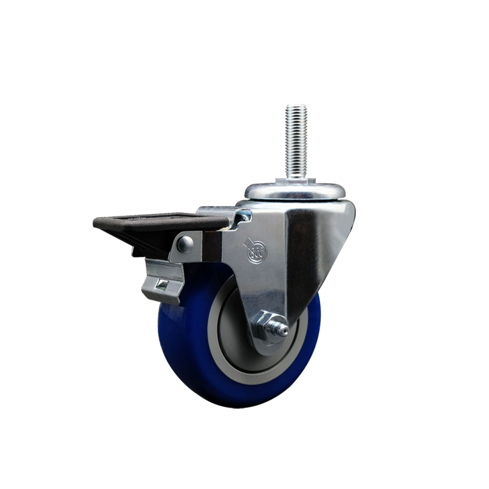 Polyurethane Swivel Threaded Stem Caster w/3.5" x 1.25" Blue Wheel and 5/8" Stem & Posi Locking Brake - 300 lbs Capacity/Caster - Service Caster Brand — photo 1