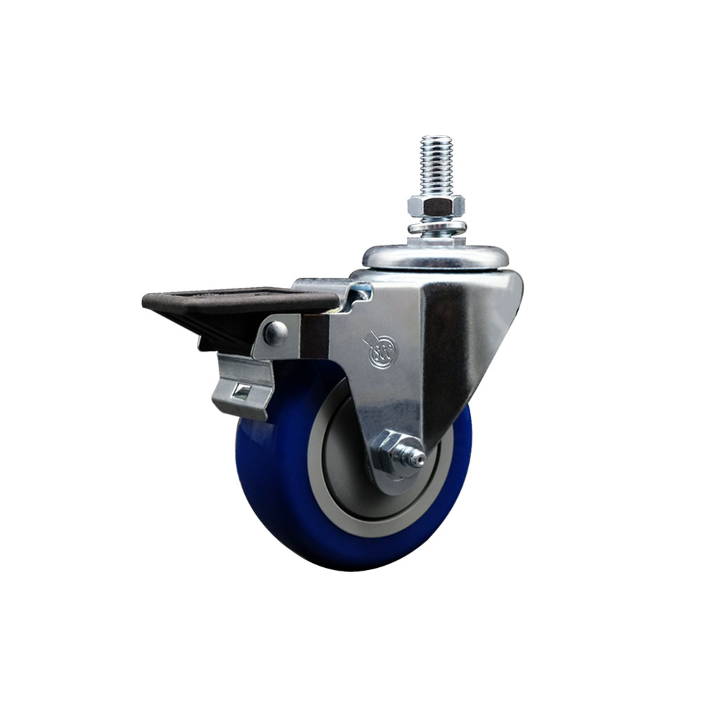 Polyurethane Swivel Threaded Stem Caster w/3.5" x 1.25" Blue Wheel and 10MM Stem & Posi Locking Brake - 300 lbs Capacity/Caster - Service Caster Brand — photo 1