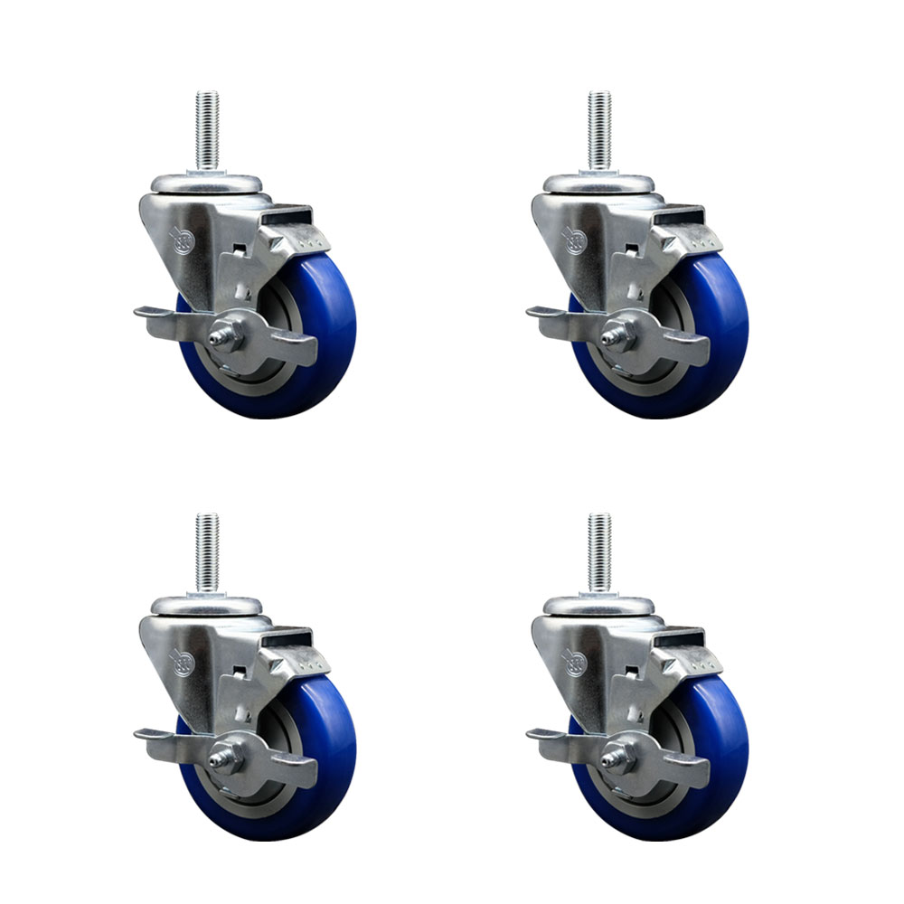 Polyurethane Swivel Threaded Stem Caster Set of 4 w/3.5" x 1.25" Blue Wheels and 3/4" Stems - Includes 4 with Top Lock Brakes - 1,200 lbs Total Capacity - Service Caster Brand — photo 1