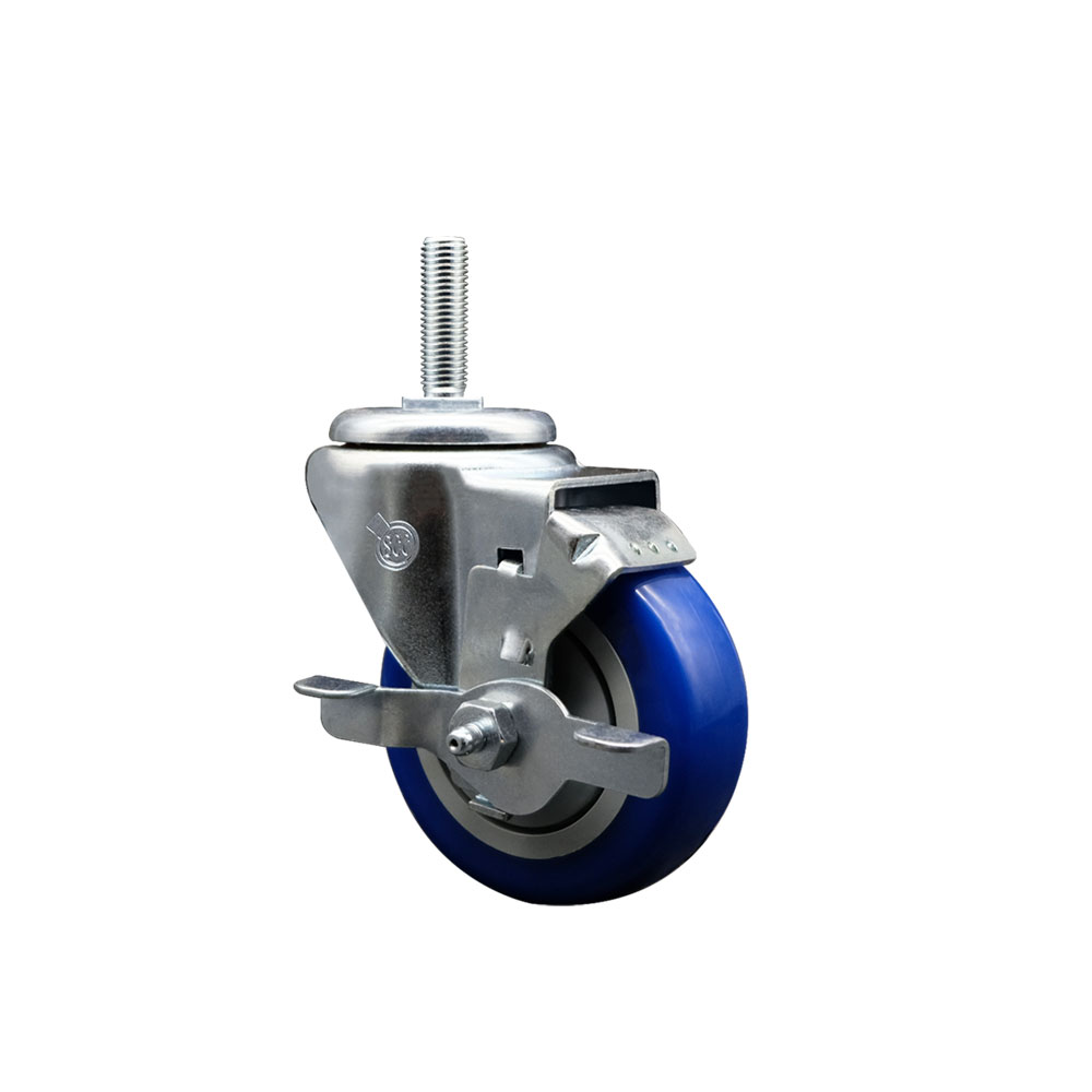 Polyurethane Swivel Threaded Stem Caster w/3.5" x 1.25" Blue Wheel and 3/4" Stem & Top Locking Brake - 300 lbs Capacity/Caster - Service Caster Brand — photo 1
