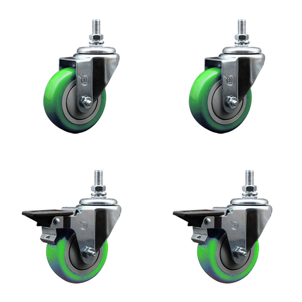 Polyurethane Swivel Threaded Stem Caster Set of 4 w/3.5" x 1.25" Green Wheels and 1/2" Stems - Includes 2 with Posi Locking Brake - 1,200 lbs Total Capacity - Service Caster Brand — photo 1